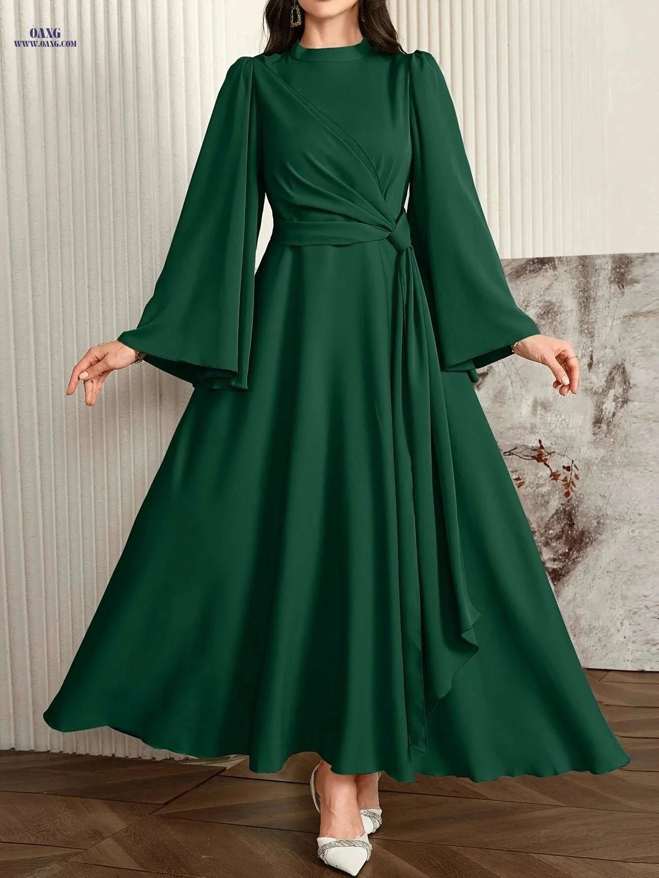 Elegant Muslin Ramadan Dress for Women - Long Flared Sleeves, Embellished   OAXG Silvery Grey / S