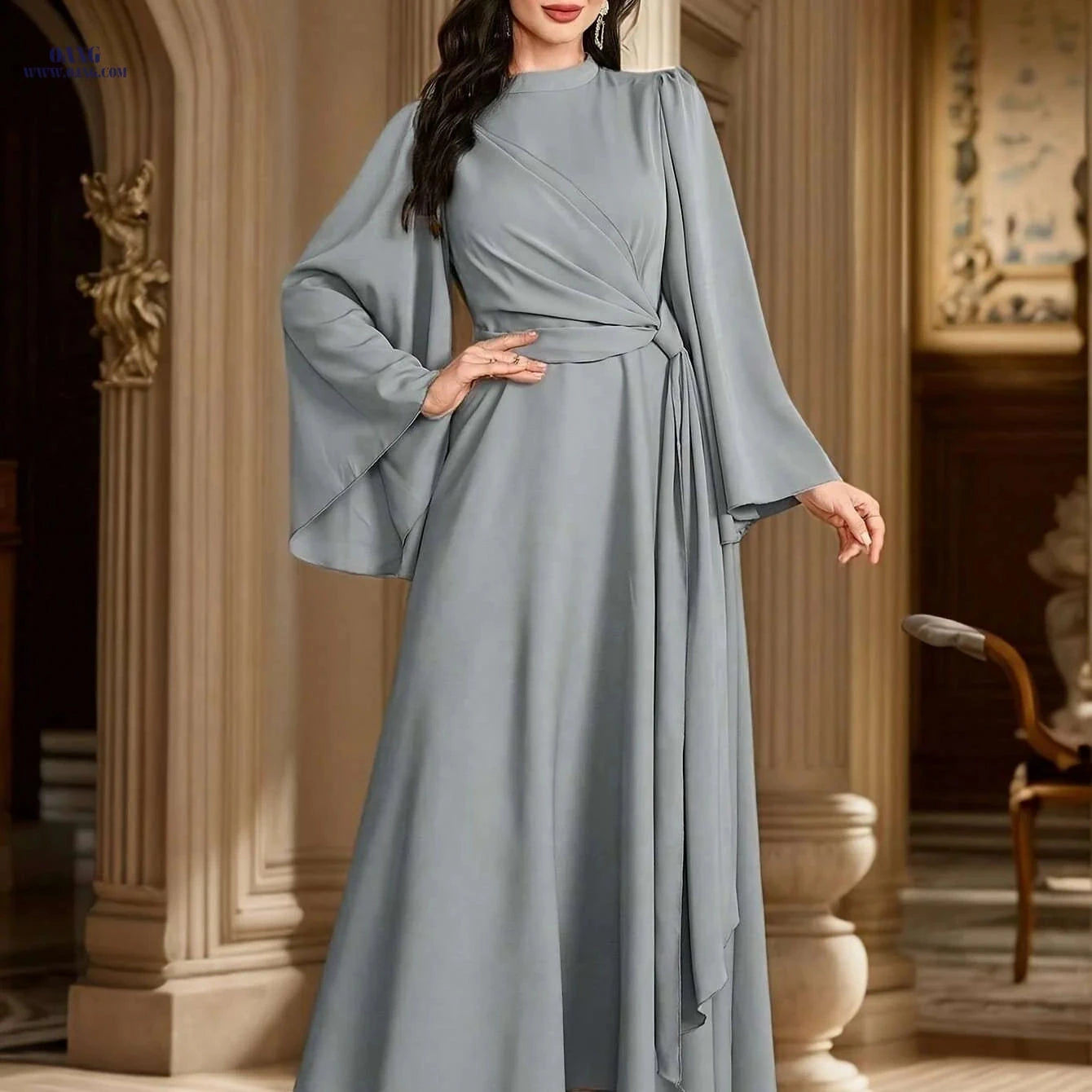 Elegant Muslin Ramadan Dress for Women - Long Flared Sleeves, Embellished   OAXG Silvery Grey / S