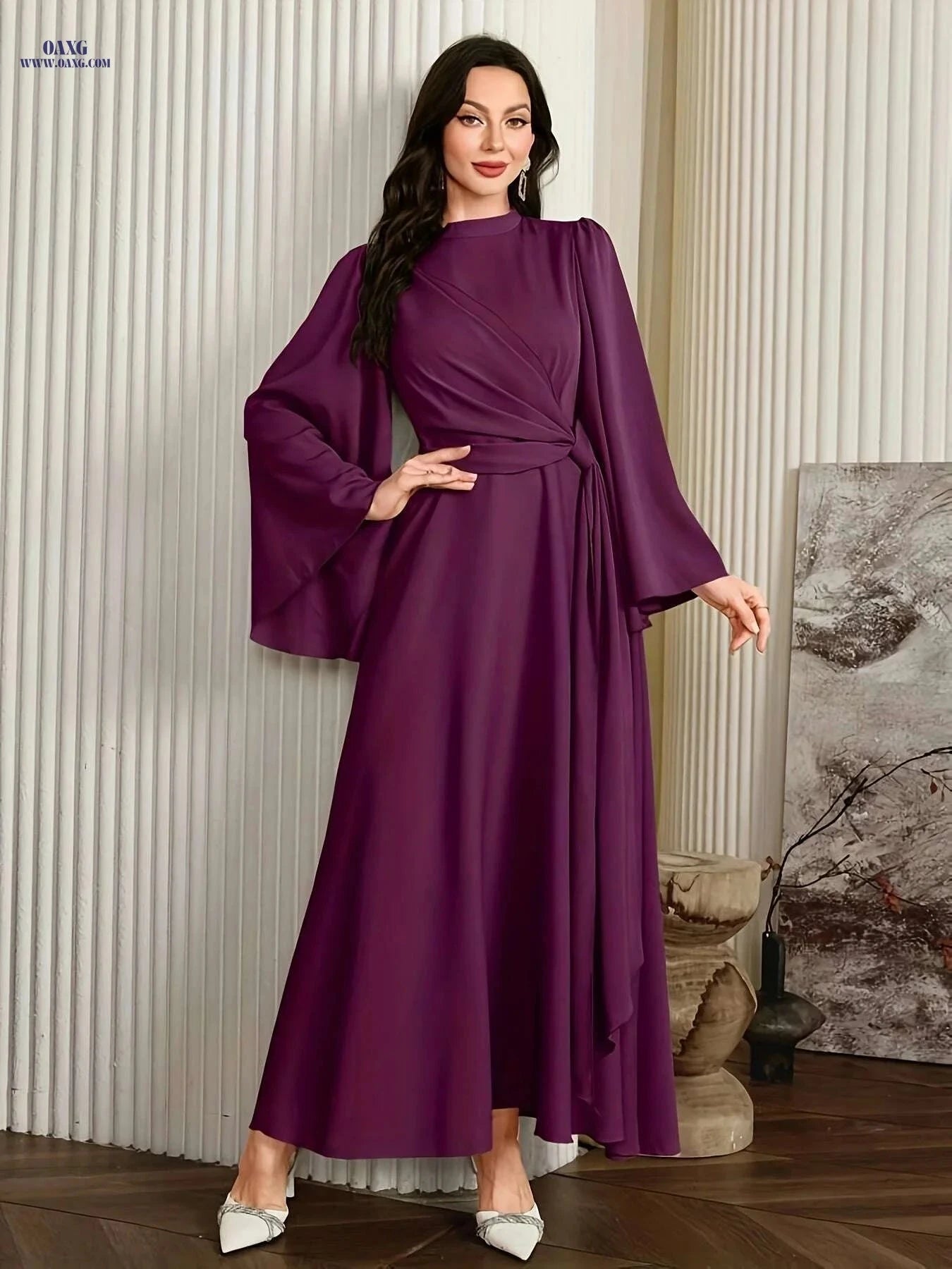 Elegant Muslin Ramadan Dress for Women - Long Flared Sleeves, Embellished   OAXG Silvery Grey / S
