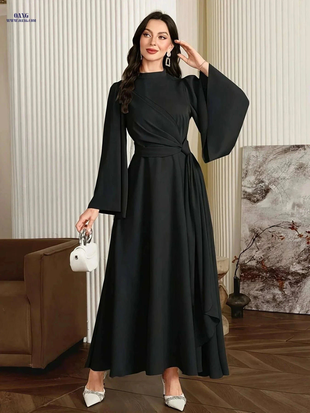 Elegant Muslin Ramadan Dress for Women - Long Flared Sleeves, Embellished   OAXG Silvery Grey / S