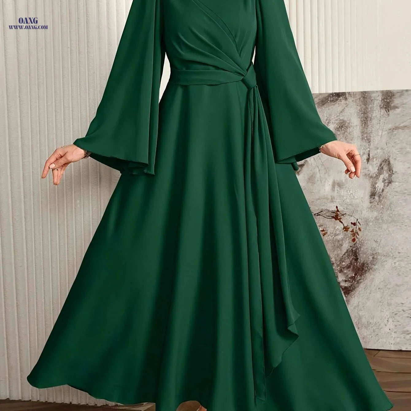 Elegant Muslin Ramadan Dress for Women - Long Flared Sleeves, Embellished   OAXG Silvery Grey / S