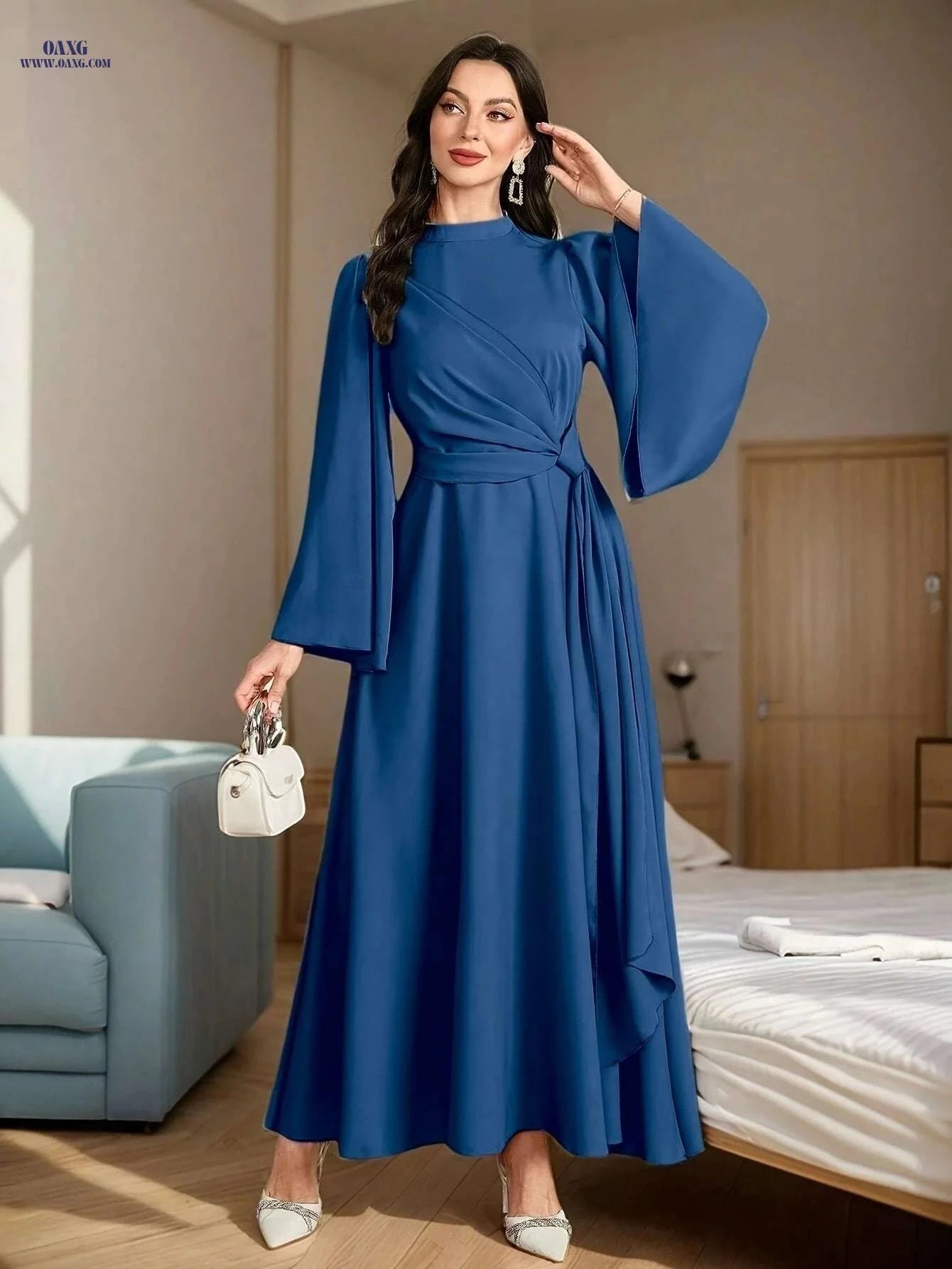 Elegant Muslin Ramadan Dress for Women - Long Flared Sleeves, Embellished   OAXG 