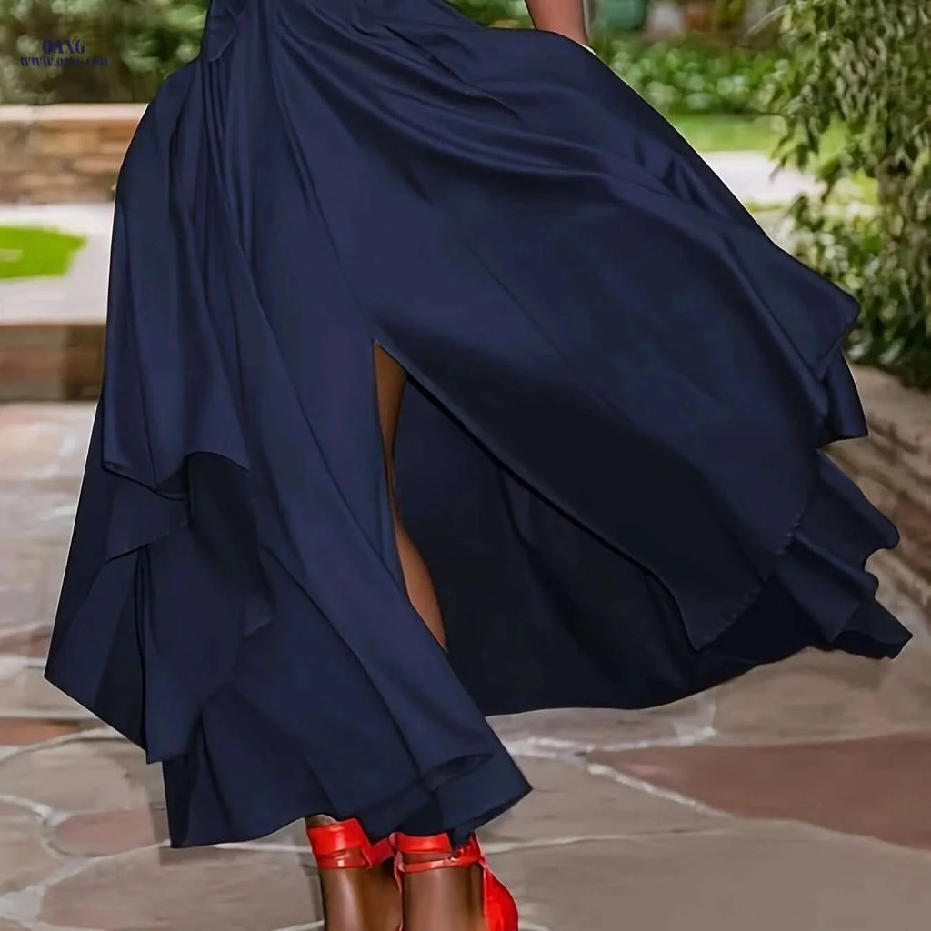 Elegant Navy Blue Maxi Skirt - Flowy A-Line, Machine Washable   OAXG 