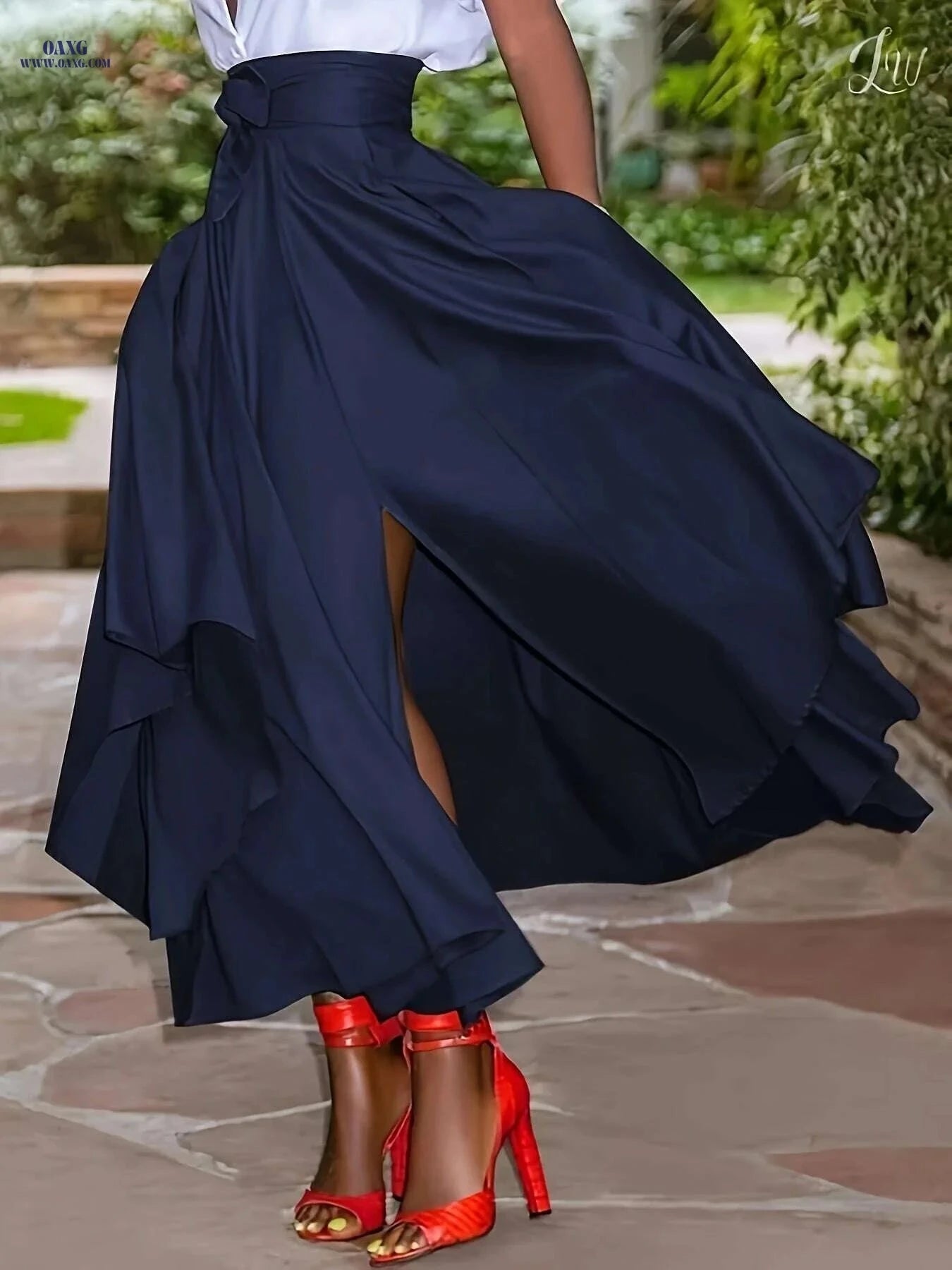 Elegant Navy Blue Maxi Skirt - Flowy A-Line, Machine Washable   OAXG 