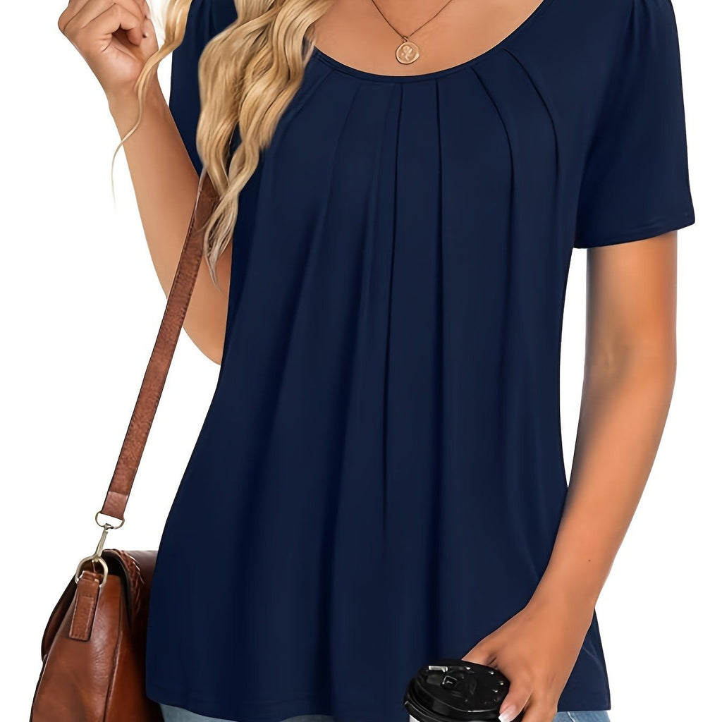 Elegant Navy Women'S T-Shirt - Casual Summer Style, Solid Color, Ruched Detail, Round Neck, Short Sleeve, And Blend, Machine Washable Summer Top   OAXG Navy Color / S