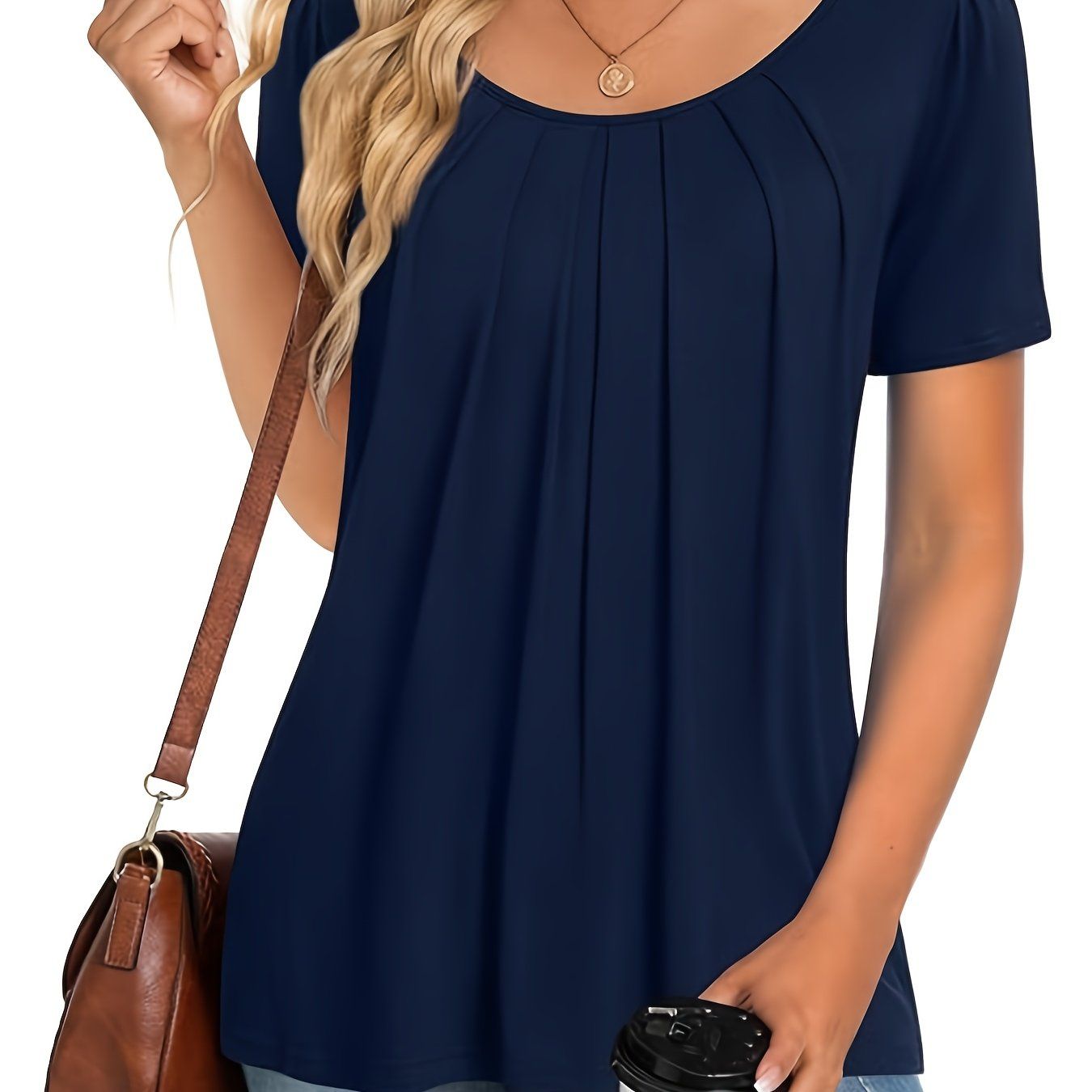 Elegant Navy Women'S T-Shirt - Casual Summer Style, Solid Color, Ruched Detail, Round Neck, Short Sleeve, And Blend, Machine Washable Summer Top   OAXG Navy Color / S