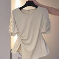 Elegant New Hot-Selling Women's Solid Color Waist-Cinching Ruched Irregular Short-Sleeve Blouse Shirt LL425   OAXG Khaki / S
