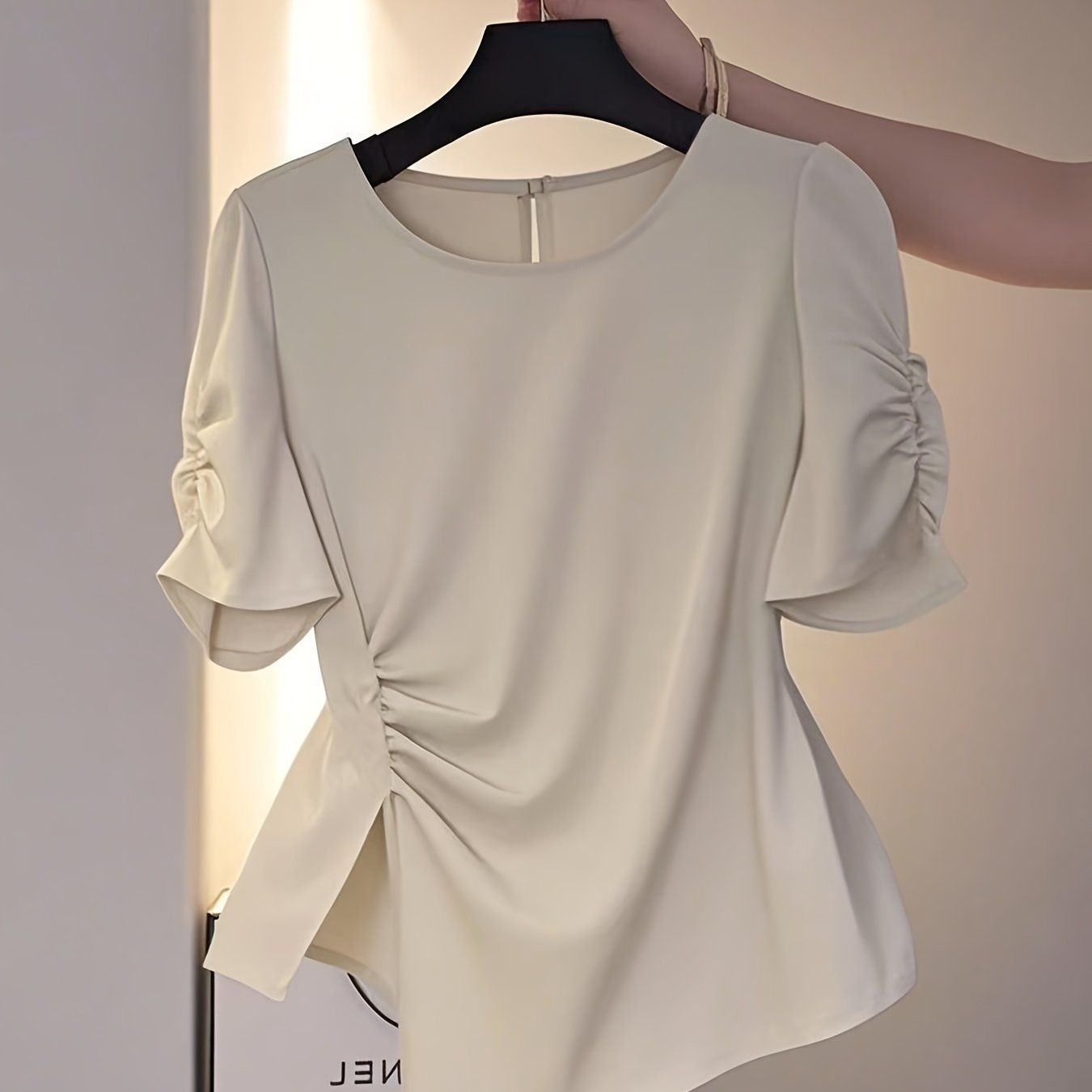 Elegant New Hot-Selling Women's Solid Color Waist-Cinching Ruched Irregular Short-Sleeve Blouse Shirt LL425   OAXG Khaki / S