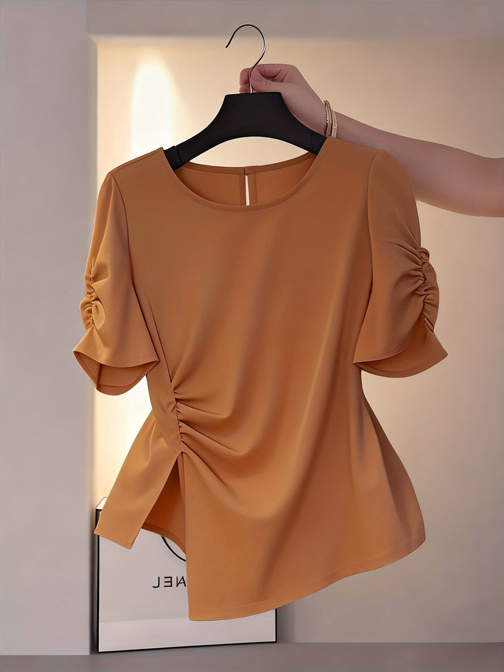 Elegant New Hot-Selling Women's Solid Color Waist-Cinching Ruched Irregular Short-Sleeve Blouse Shirt LL425   OAXG Khaki / S
