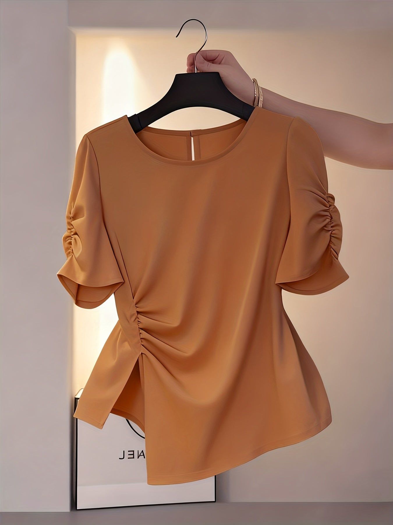 Elegant New Hot-Selling Women's Solid Color Waist-Cinching Ruched Irregular Short-Sleeve Blouse Shirt LL425   OAXG Khaki / S
