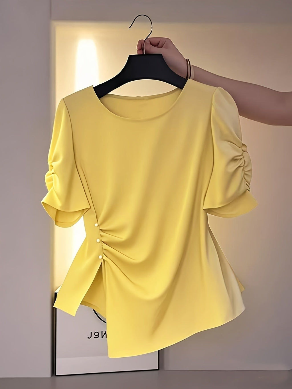 Elegant New Hot-Selling Women's Solid Color Waist-Cinching Ruched Irregular Short-Sleeve Blouse Shirt LL425   OAXG Khaki / S