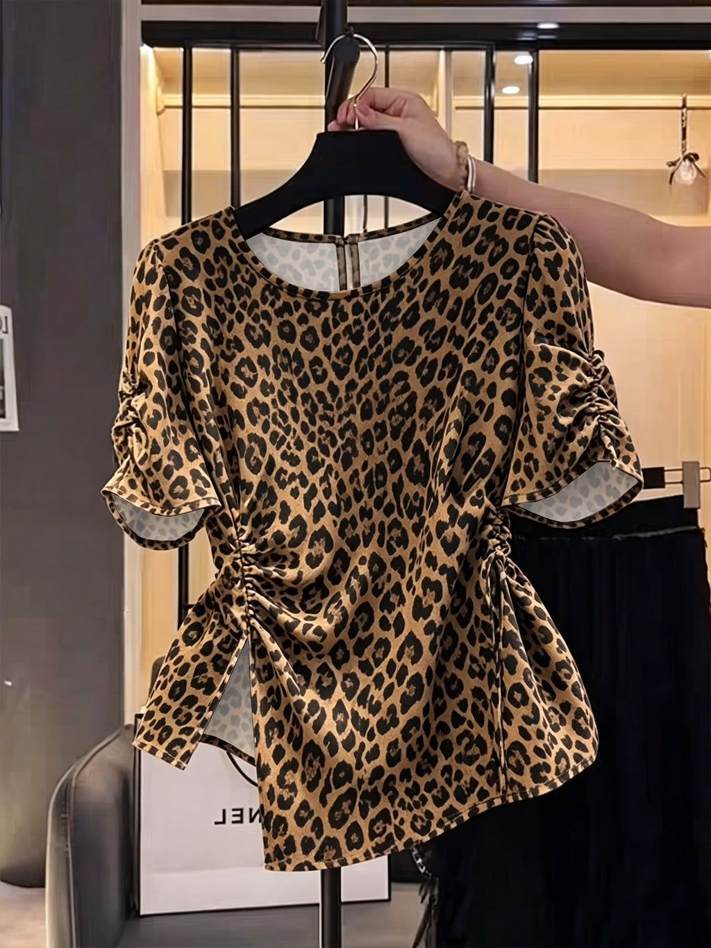 Elegant New Hot-Selling Women's Solid Color Waist-Cinching Ruched Irregular Short-Sleeve Blouse Shirt LL425   OAXG Khaki / S