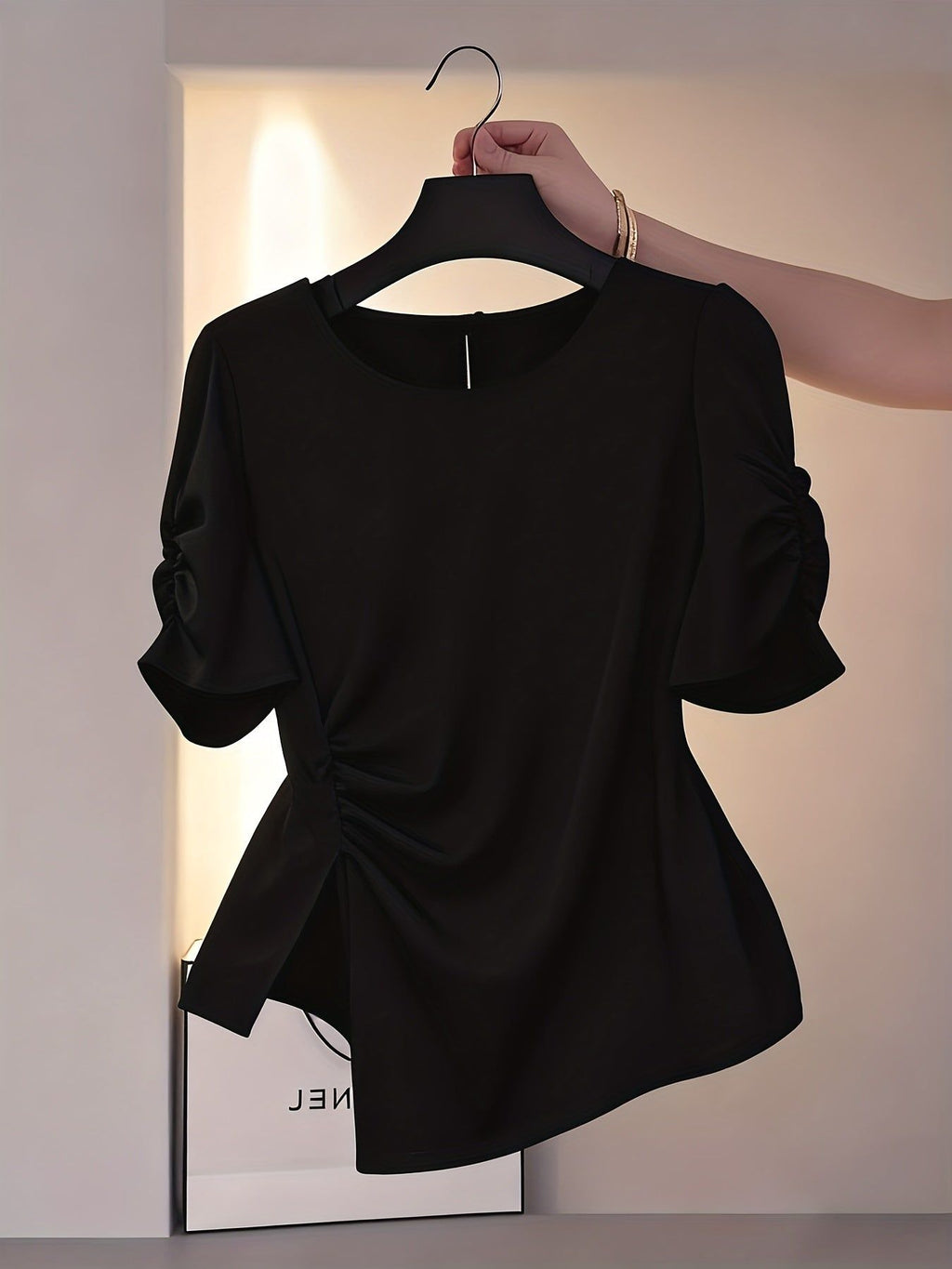 Elegant New Hot-Selling Women's Solid Color Waist-Cinching Ruched Irregular Short-Sleeve Blouse Shirt LL425   OAXG Khaki / S
