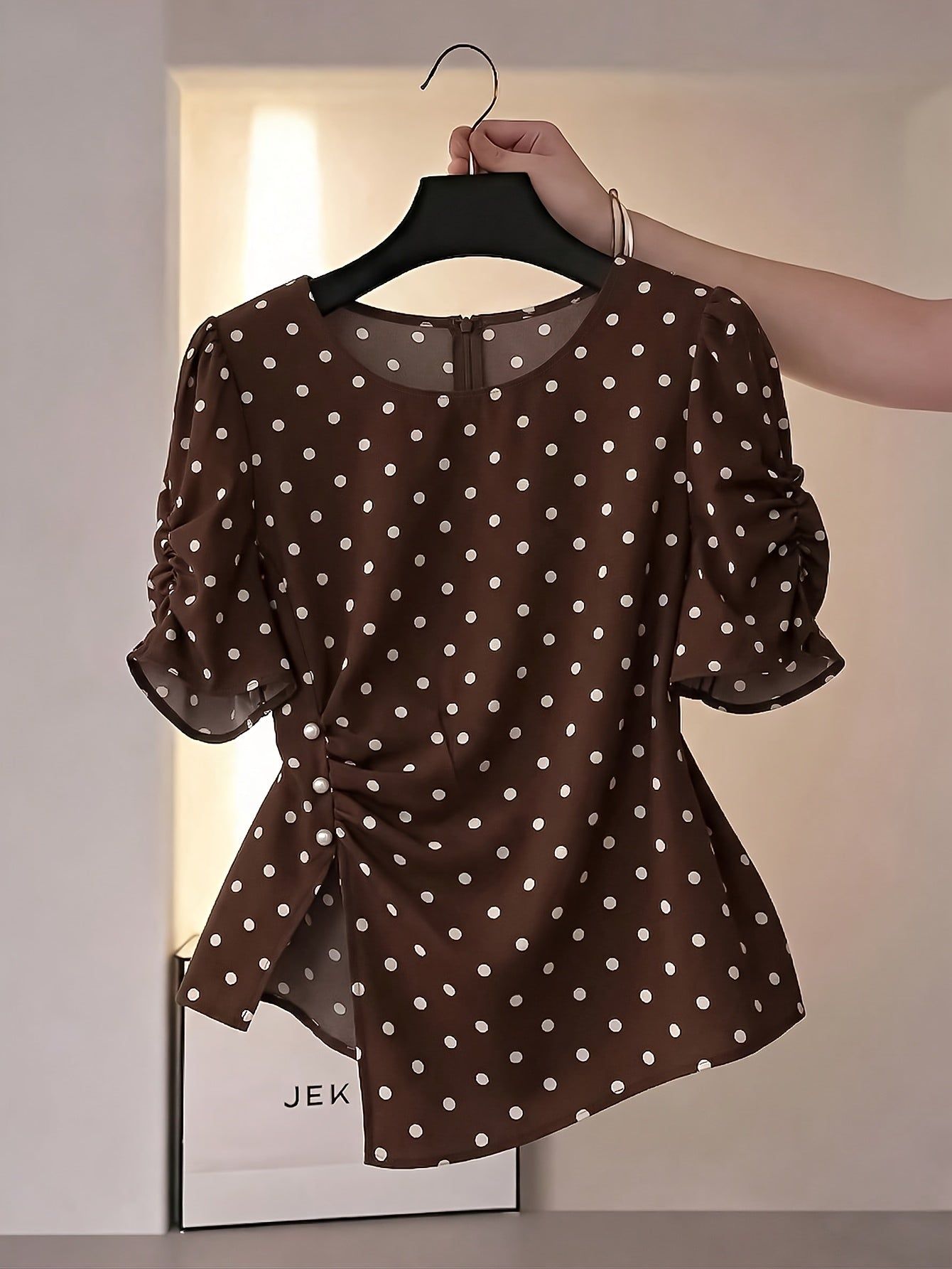 Elegant New Hot-Selling Women's Solid Color Waist-Cinching Ruched Irregular Short-Sleeve Blouse Shirt LL425   OAXG Khaki / S