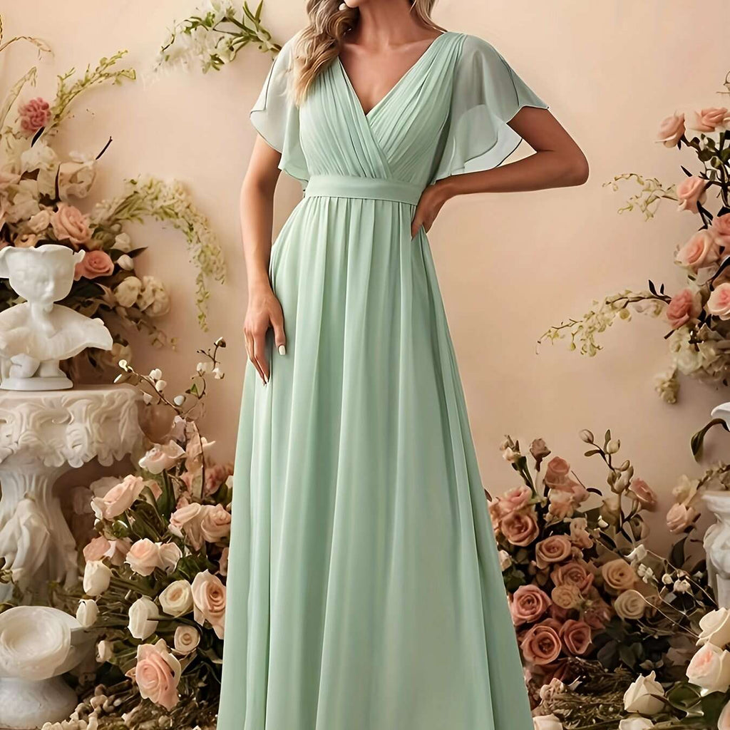Elegant Off-Shoulder Chiffon Gown - Butterfly Sleeves, Long Train   OAXG 