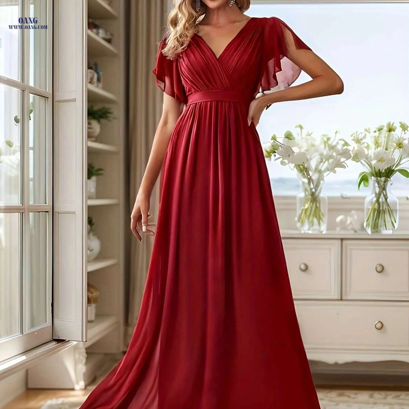 Elegant Off-Shoulder Chiffon Gown - Butterfly Sleeves, Long Train   OAXG 