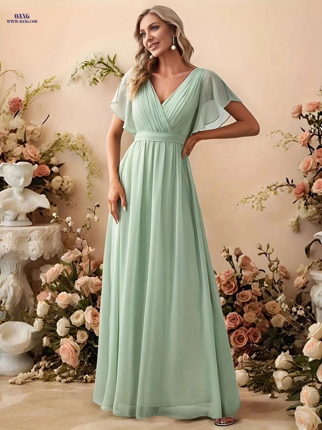 Elegant Off-Shoulder Chiffon Gown - Butterfly Sleeves, Long Train   OAXG 