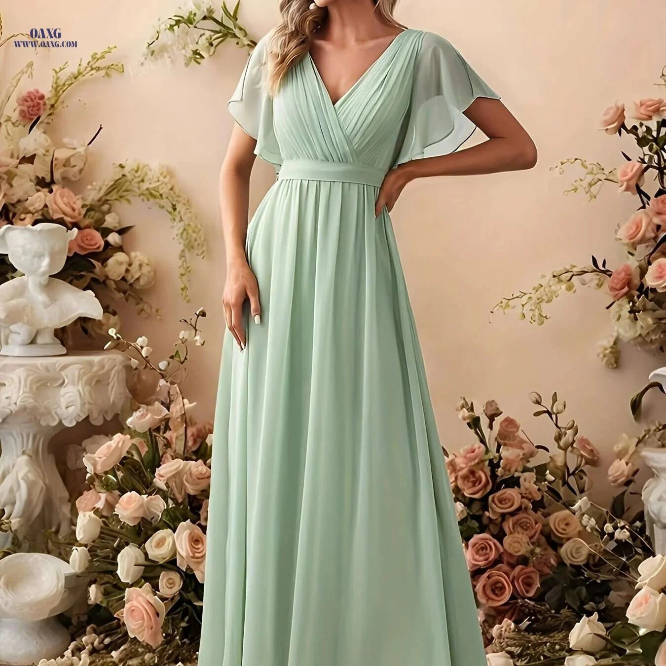 Elegant Off-Shoulder Chiffon Gown - Long Train Wedding Dress   OAXG 