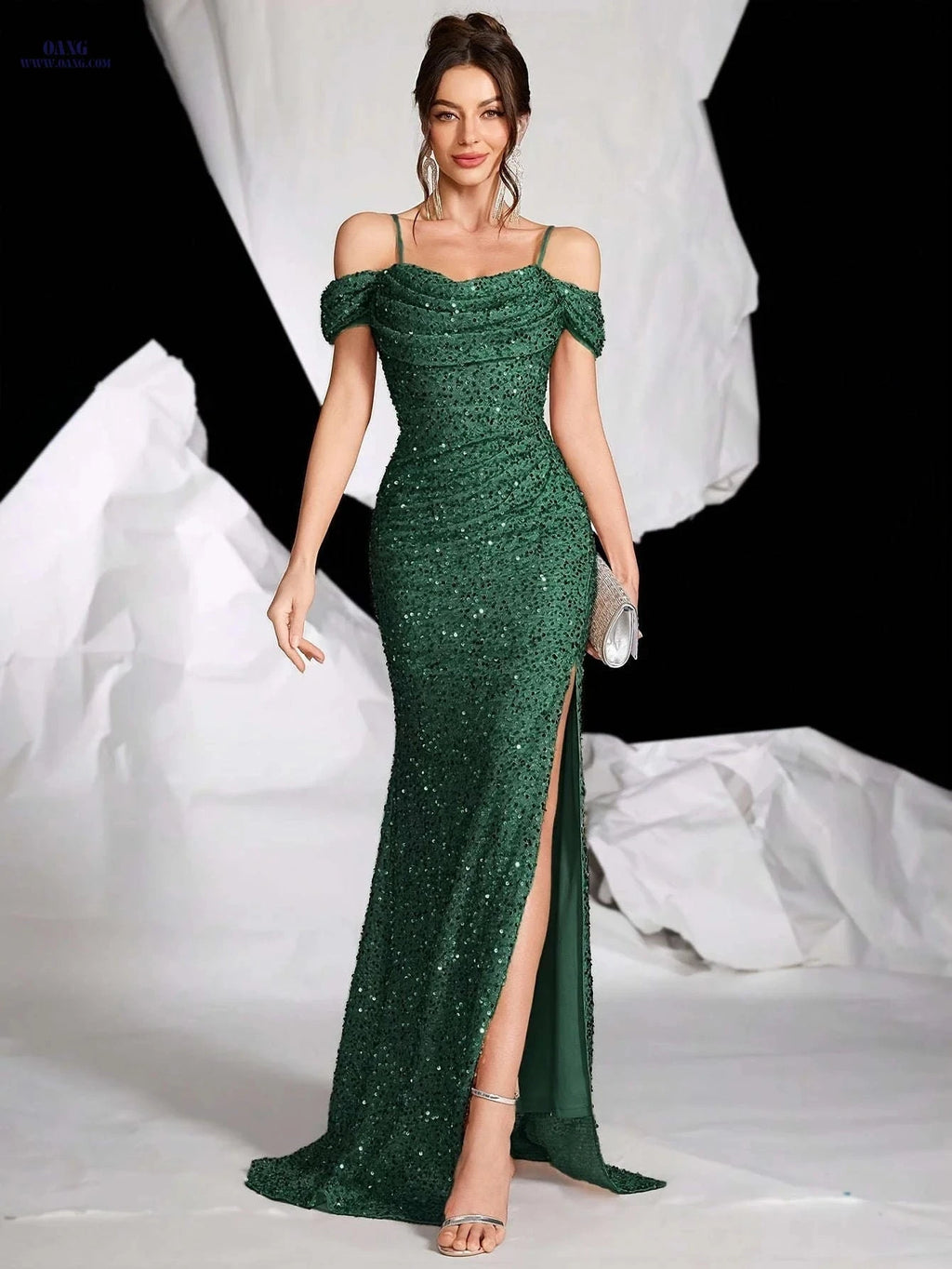 Elegant Off-Shoulder Long Dress - High Thigh Slit, Golden Sequins   OAXG 