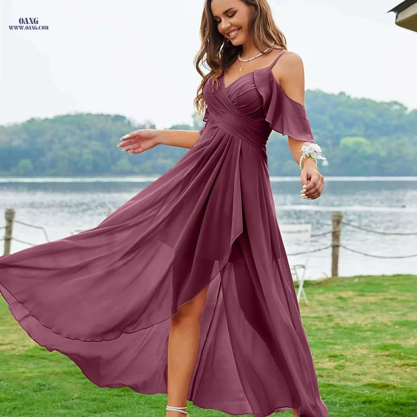 Elegant Off-Shoulder Maxi Dress - Perfect Bridesmaid Gown for Weddings   OAXG Fuchsia / S