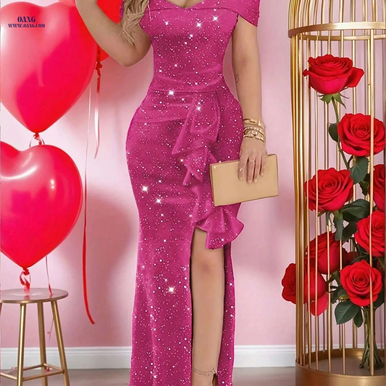 Elegant Off-Shoulder Party Dress for Women - Bodycon Style   OAXG Red / S