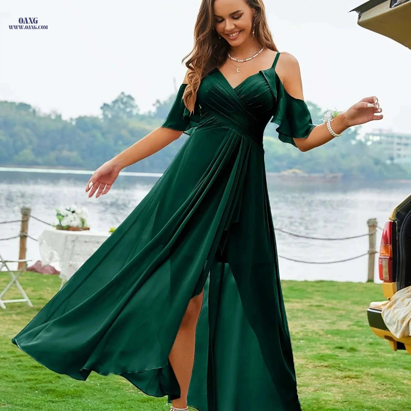 Elegant Off-Shoulder Pleated Maxi Dress - Perfect for Weddings   OAXG 