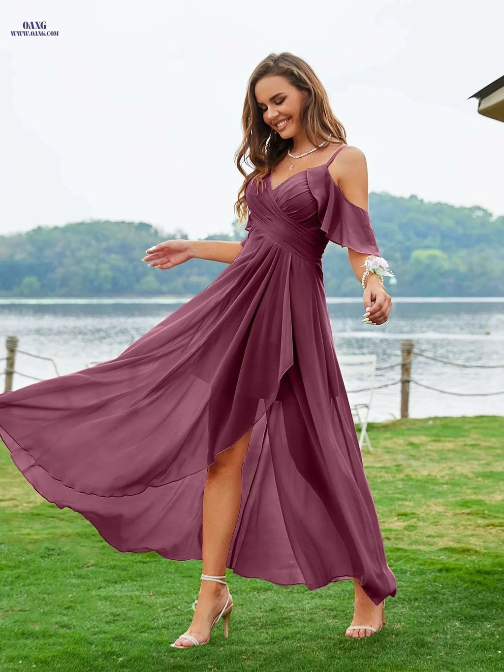 Elegant Off-Shoulder Pleated Maxi Dress - Perfect for Weddings   OAXG Fuchsia / S