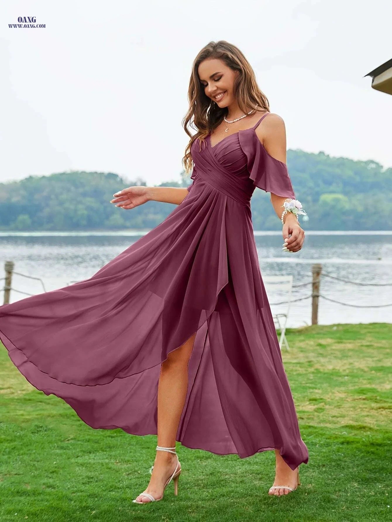 Elegant Off-Shoulder Pleated Maxi Dress - Perfect for Weddings   OAXG Fuchsia / S