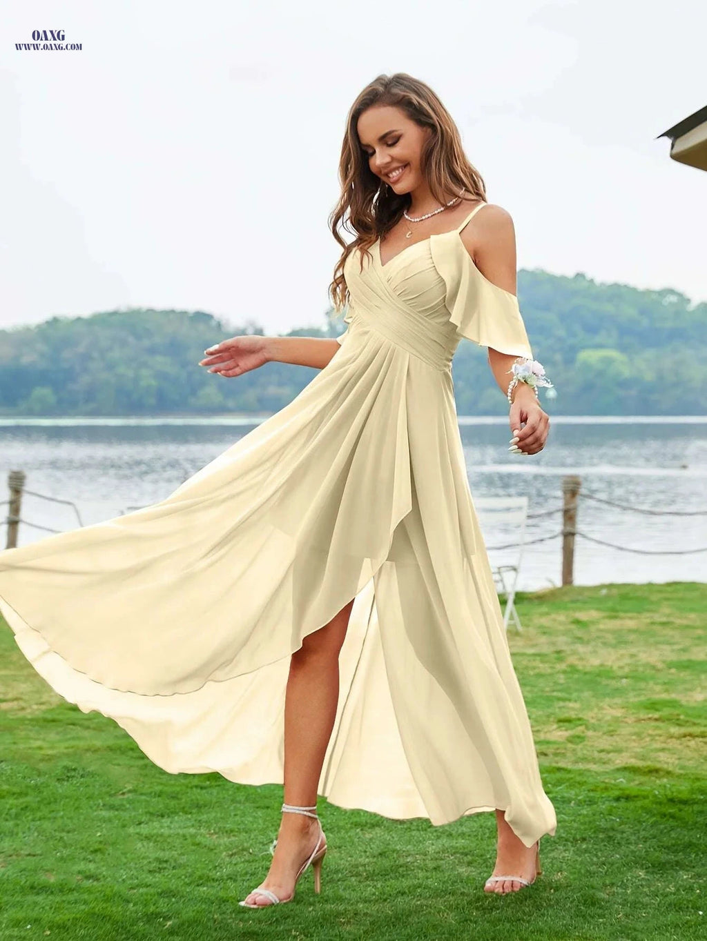 Elegant Off-Shoulder Pleated Maxi Dress - Perfect for Weddings   OAXG Fuchsia / S