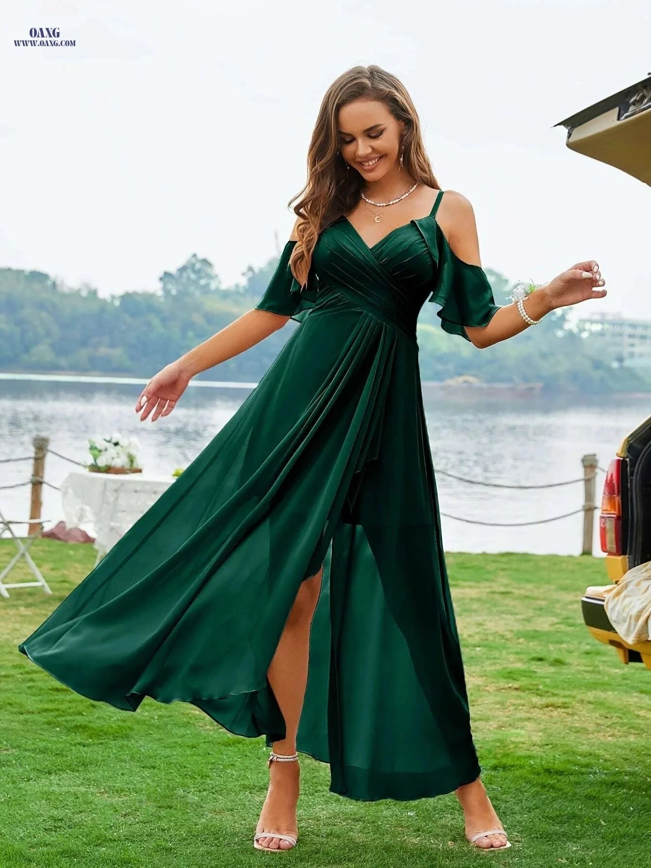 Elegant Off-Shoulder Pleated Maxi Dress - Perfect for Weddings   OAXG 
