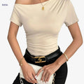 Elegant Off-Shoulder Ruched T-Shirt - Chic Polyester Blend for Spring   OAXG Wheat-colored / S
