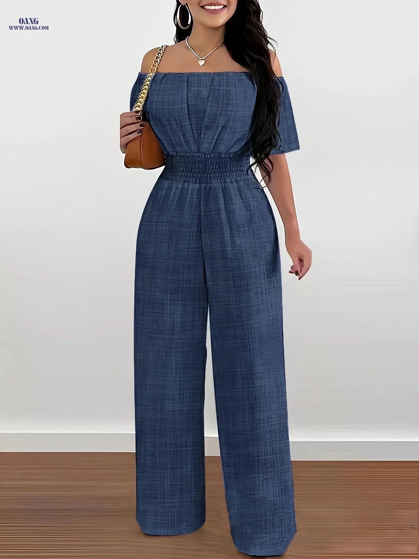 Elegant Off-Shoulder Short-Sleeved Jumpsuit - Cinched Waist Style   OAXG 