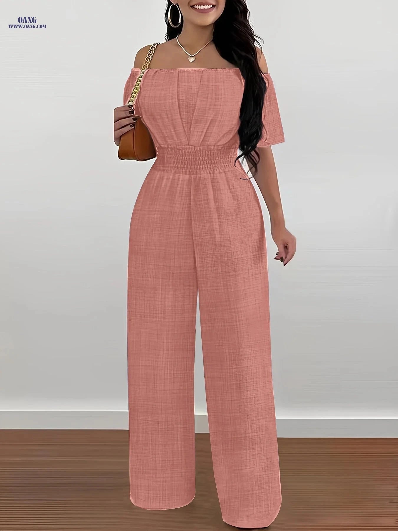 Elegant Off-Shoulder Short-Sleeved Jumpsuit - Cinched Waist Style   OAXG Blue / S