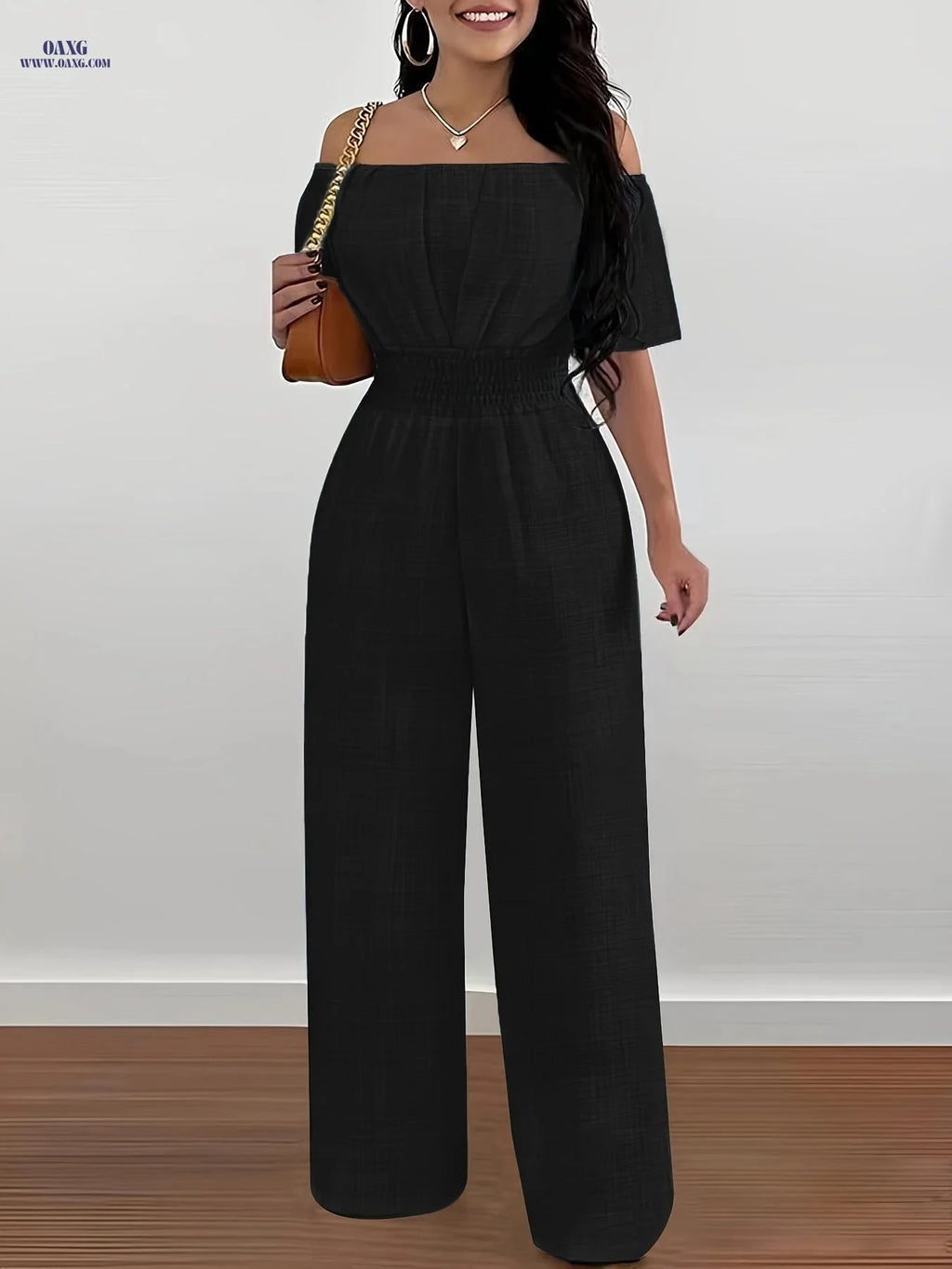 Elegant Off-Shoulder Short-Sleeved Jumpsuit - Cinched Waist Style   OAXG 