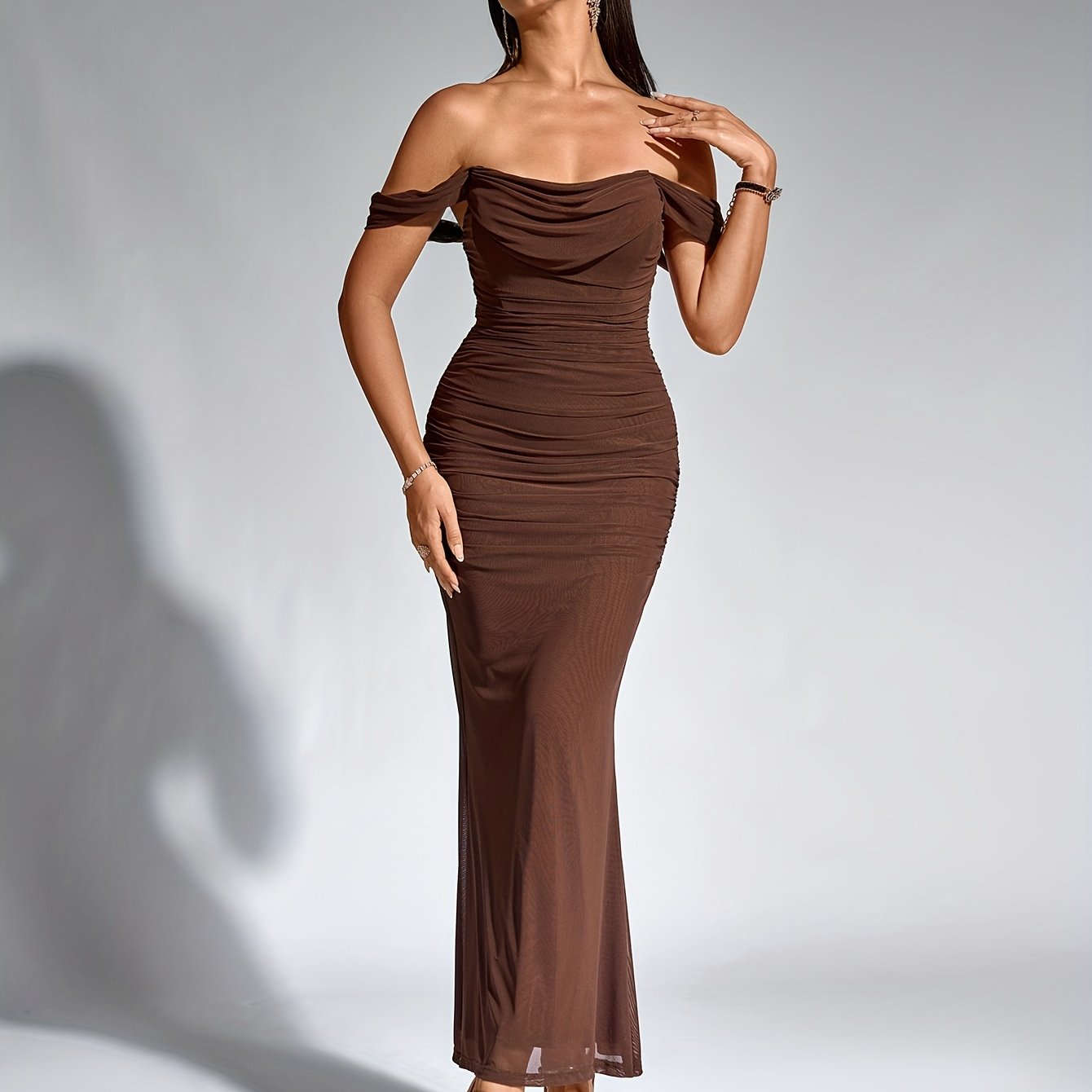 Elegant Off-the-Shoulder Mermaid Gown - High Elasticity Bodycon Fit   OAXG Coffee color / XS