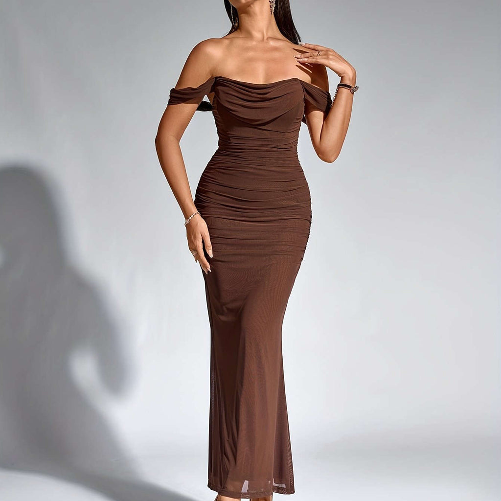 Elegant Off-the-Shoulder Mermaid Gown - High Elasticity Bodycon Fit   OAXG Coffee color / XS