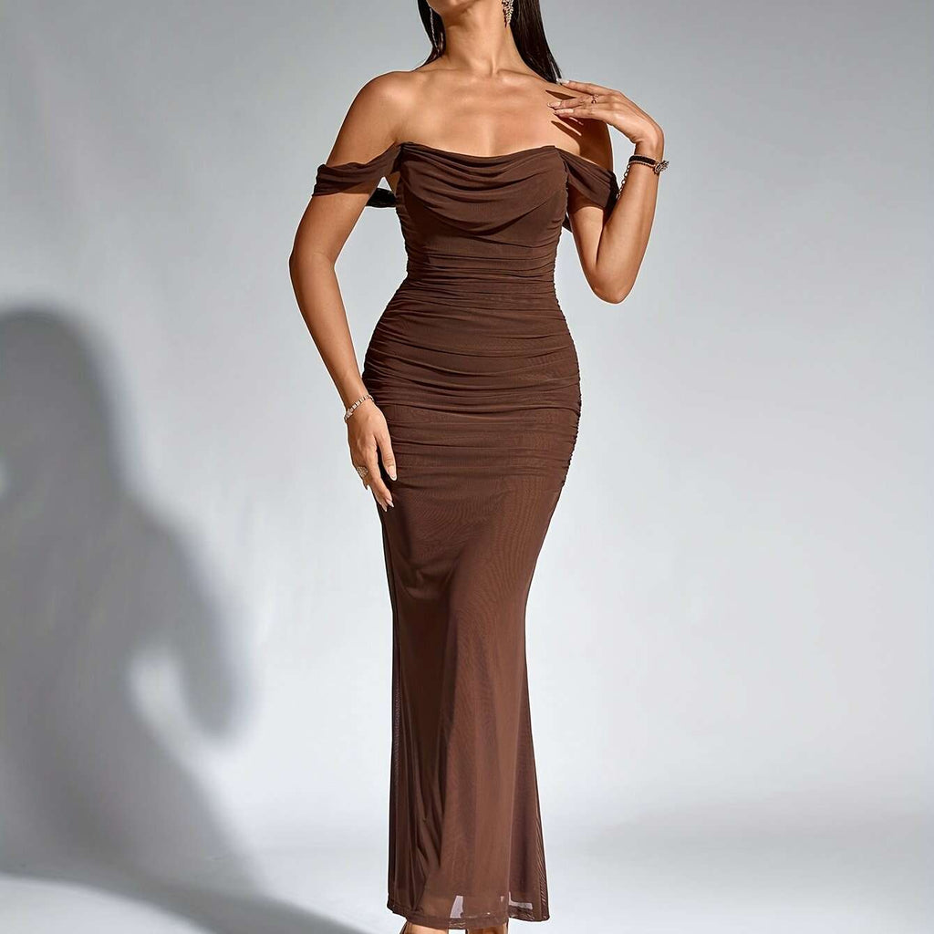 Elegant Off-the-Shoulder Mermaid Gown - Women's Bodycon Party Dress   OAXG Coffee color / XS