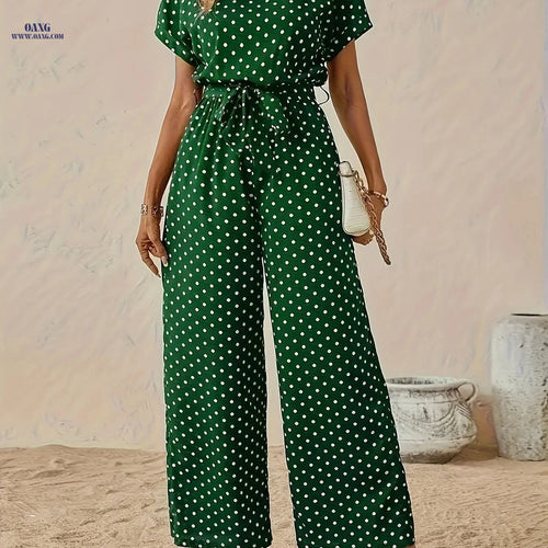 Elegant Off the Shoulder Women's Polka Dot Jumpsuit - All-Season Style   OAXG Navy Blue / S