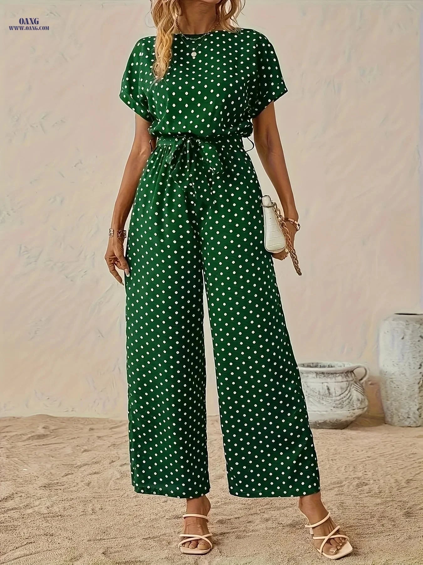 Elegant Off the Shoulder Women's Polka Dot Jumpsuit - All-Season Style   OAXG Navy Blue / S
