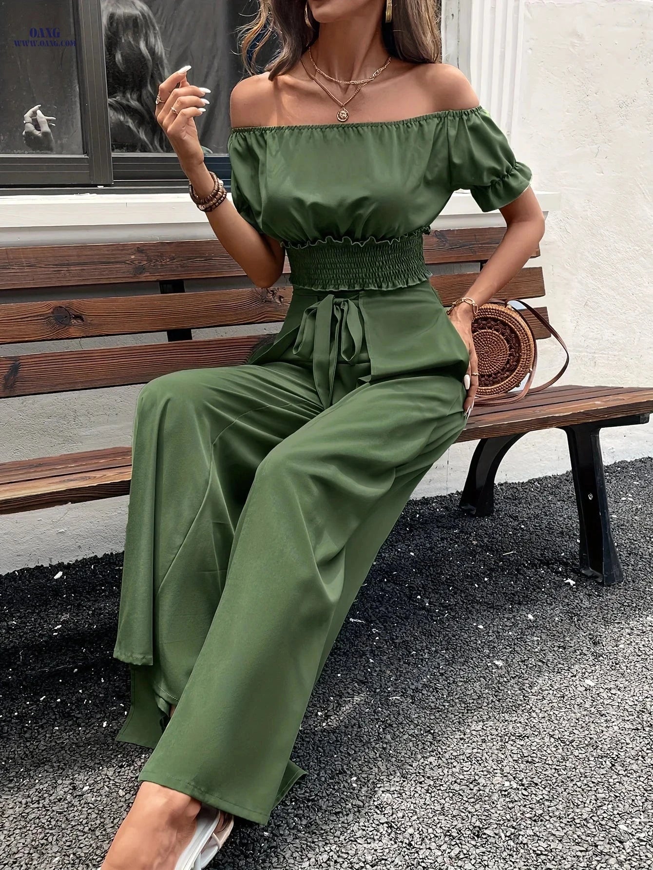 Elegant Off-the-Shoulder Women's Suit - Solid Color, Loose Wide-Leg   OAXG 