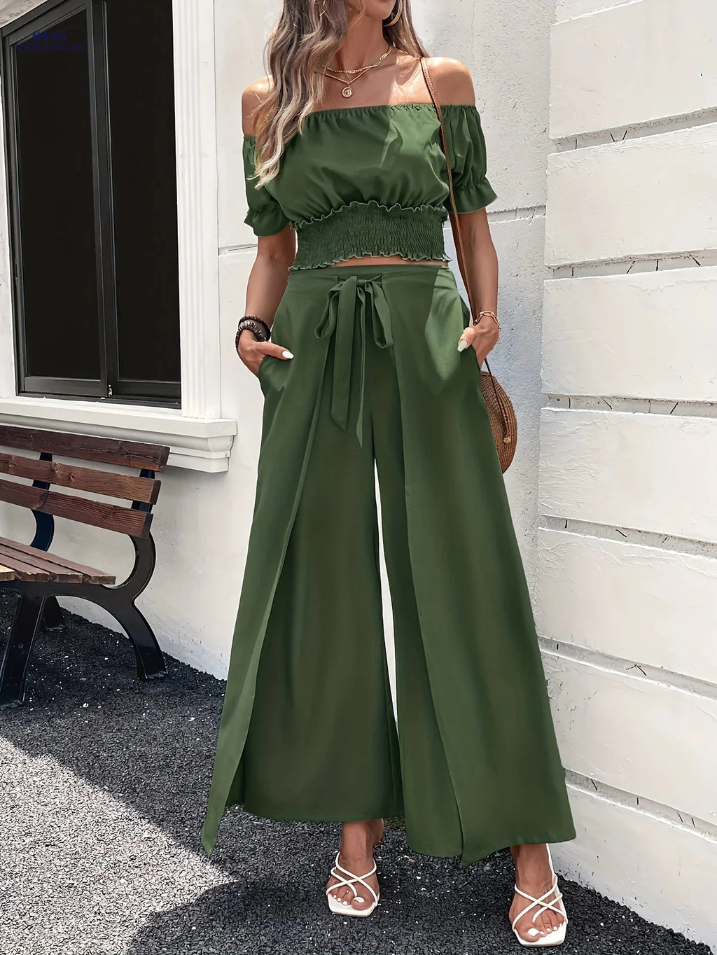 Elegant Off-the-Shoulder Women's Suit - Solid Color, Loose Wide-Leg   OAXG Green / XS