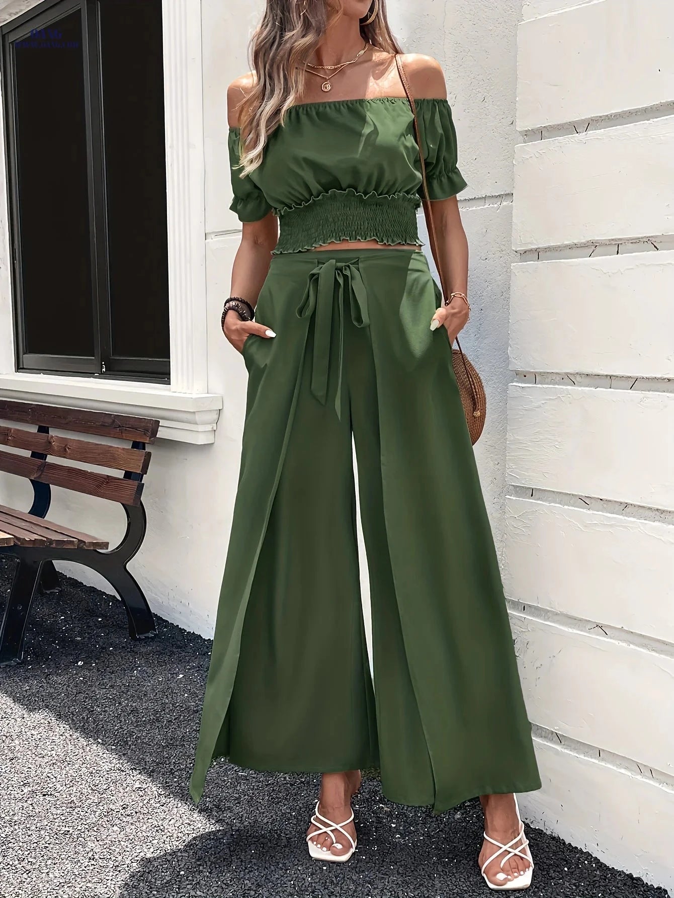 Elegant Off-the-Shoulder Women's Suit - Solid Color, Loose Wide-Leg   OAXG Green / XS