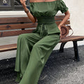 Elegant Off-the-Shoulder Women's Suit - Solid Color, Loose Wide-Leg   OAXG Green / XS