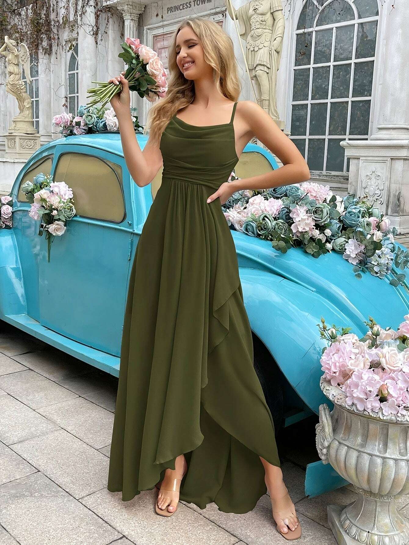 Elegant Olive Green Bridesmaid Dress - Backless, Ruffled, Adjustable   OAXG 