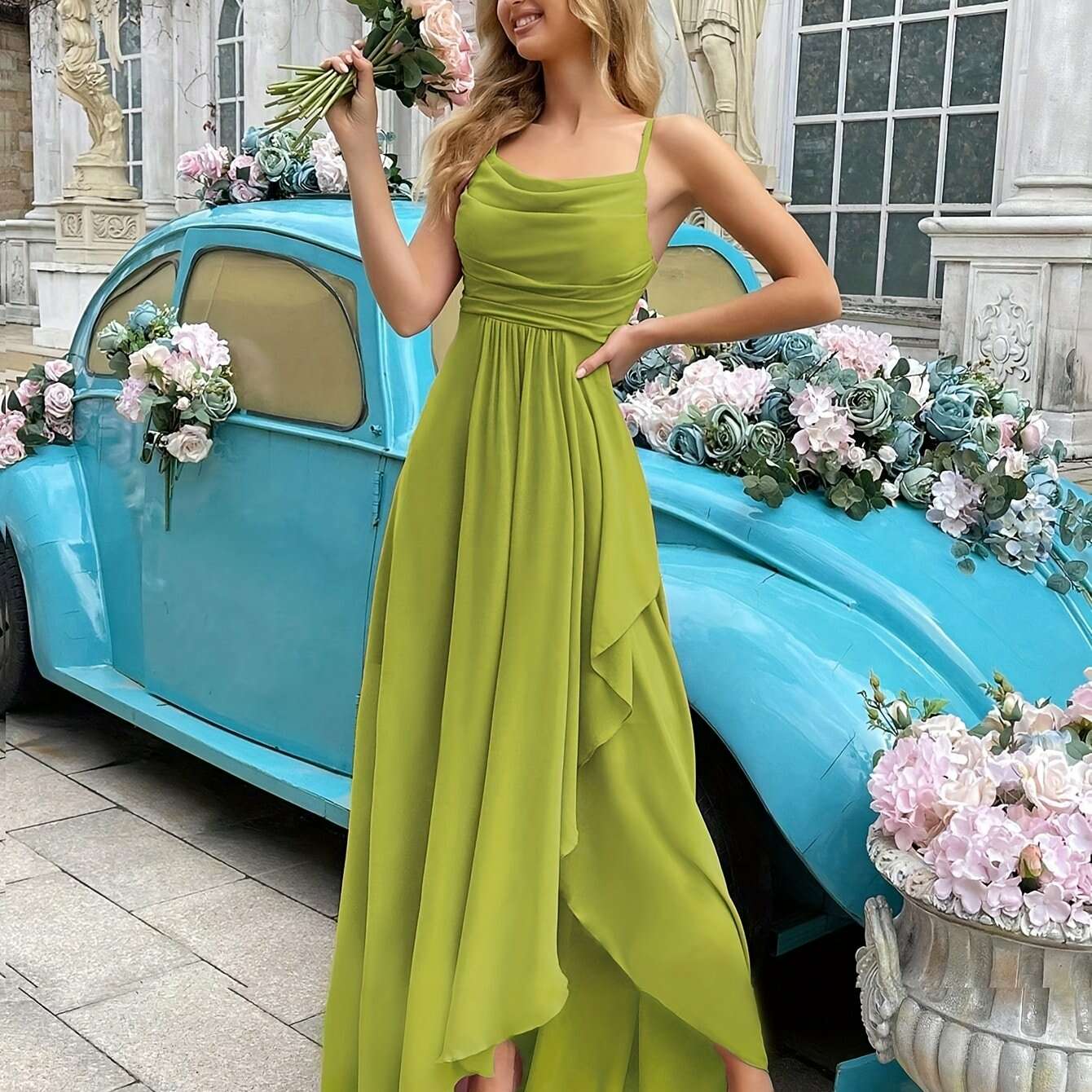 Elegant Olive Green Bridesmaid Dress - Backless, Ruffled, Adjustable OAXG