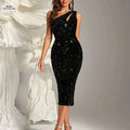 Elegant One-Shoulder High-Waist Dress - Sequined Evening Gown   OAXG 