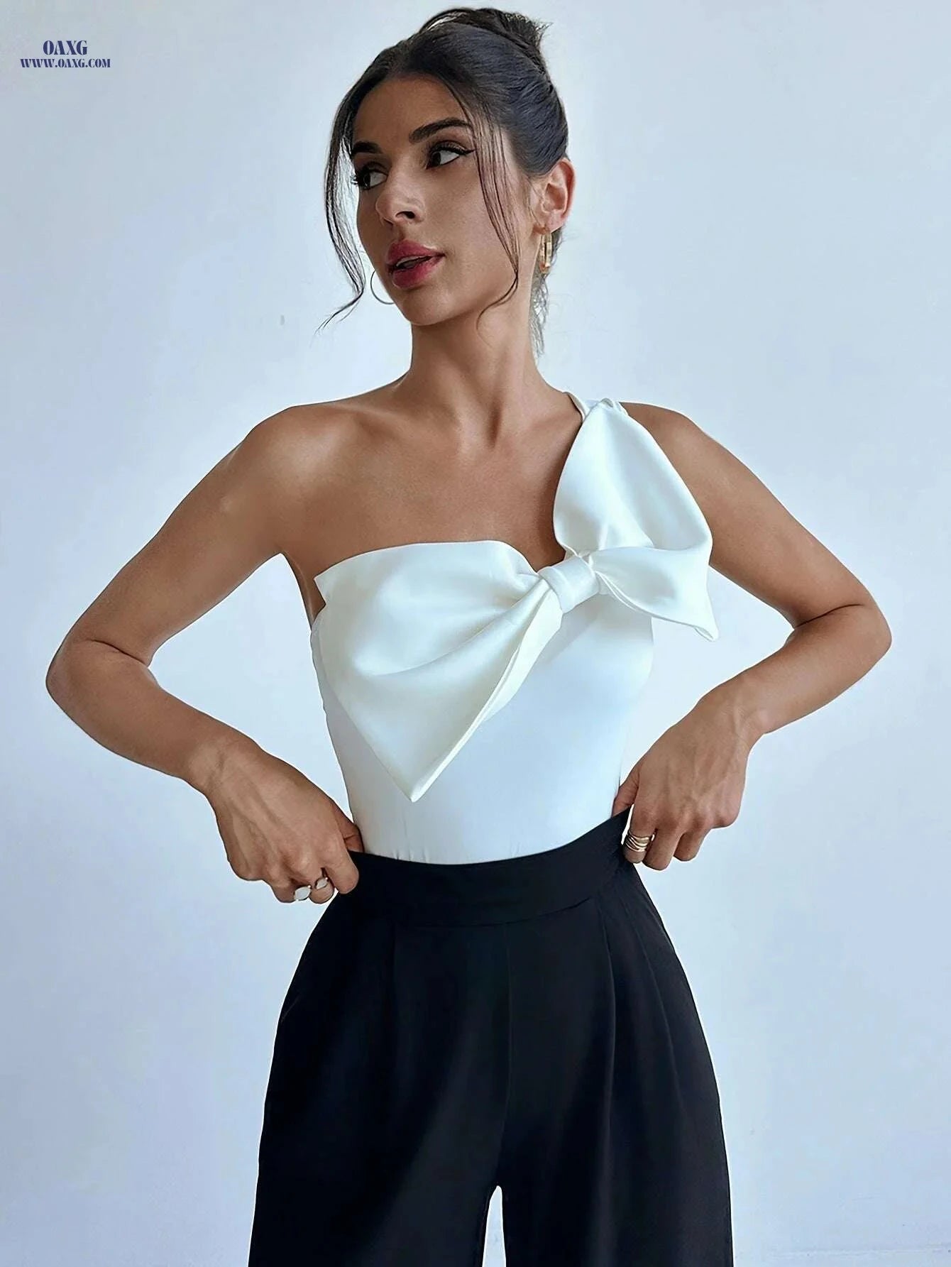 Elegant One-Shoulder Top for Women - Big Bow, All-Season Style   OAXG White / XS