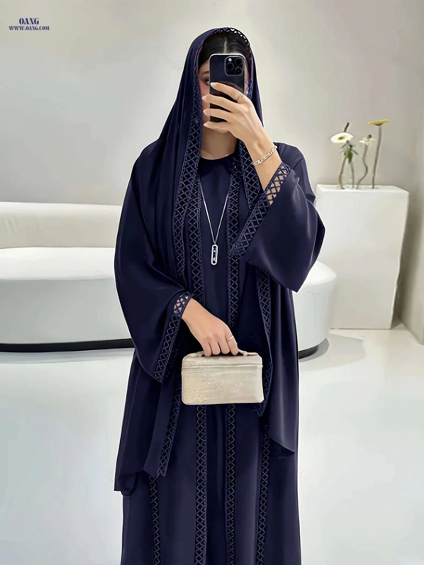 Elegant Open Long Robe Set with Lace Trim - Lightweight & Breathable   OAXG 