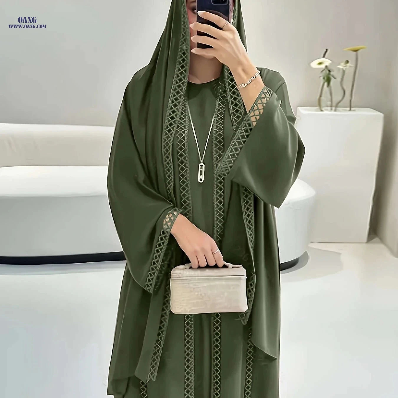 Elegant Open Long Robe Set with Lace Trim - Lightweight & Breathable   OAXG 