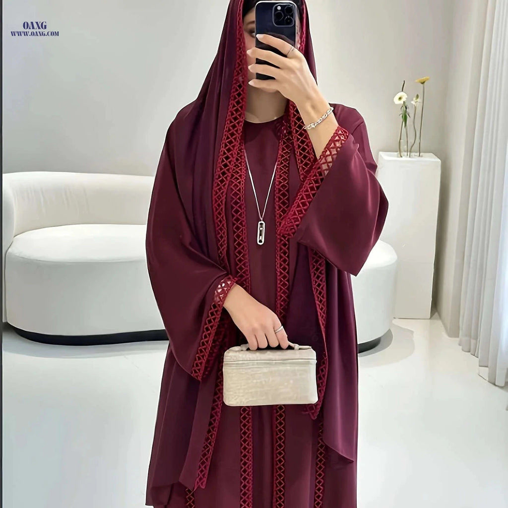 Elegant Open Long Robe Set with Lace Trim - Lightweight & Breathable   OAXG Burgundy / S